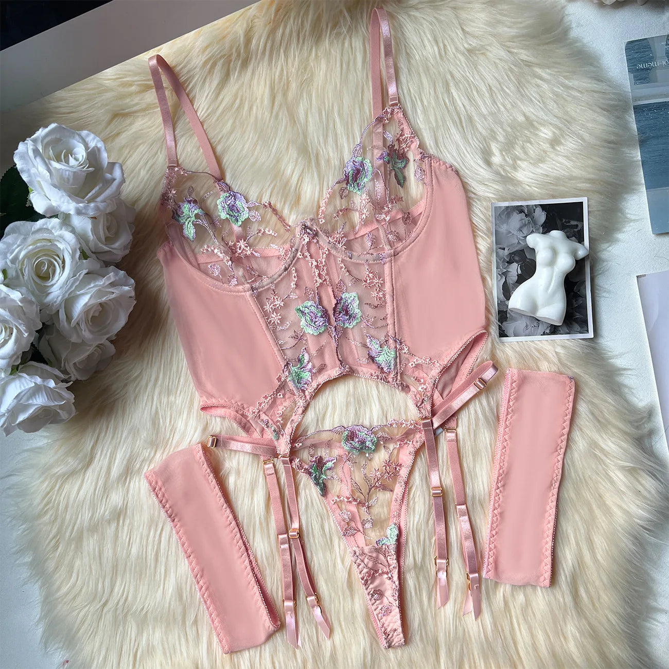 SINGREINY Gauze Sheer Slim Erotic Bra&Brief Sets Fashion Embroidery Club Sleepwear Female Prono Transparent Sexy Underwear Suits