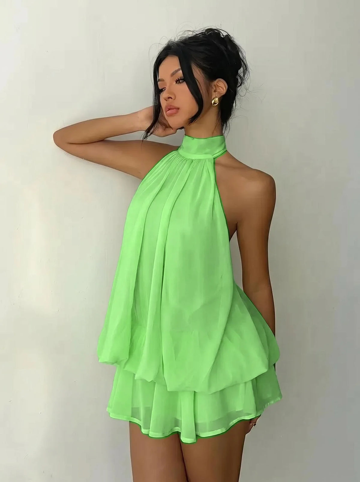 French Style Solid Color Women's Halter Neck Sleeveless Off Shoulder Backless A Line Mini Spicy Girl Beach Vacation Dresses