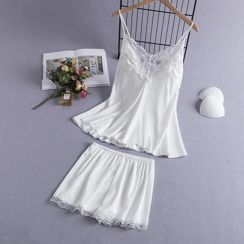 Women Suspender Pajamas Set New Summer Sleepwear Sexy Patchwork Lace Strap Top&Shorts Intimate Lingerie Thin Rayon Home Clothes