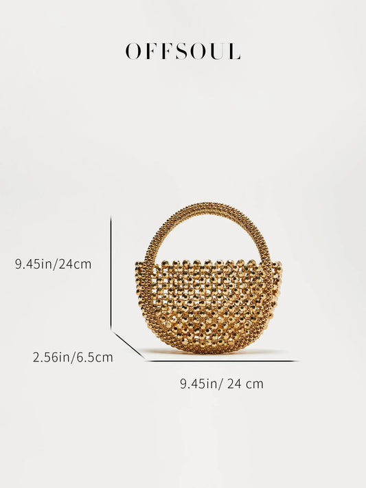 Hollow Hand-Made Metal Sense Gold Beads Woven Handbag Half-Round String Beads Pearl Bag Round Handbag