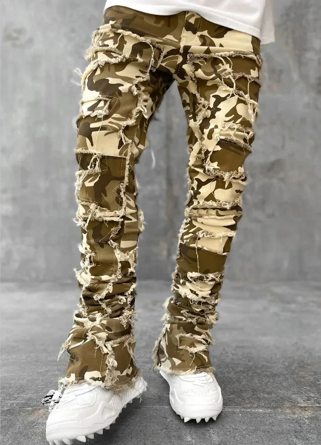 New Men's Fashion Jeans Work Pants, European and American Fashion Workwear Elastic Patchwork Denim Layered Flared Pants S-XXL