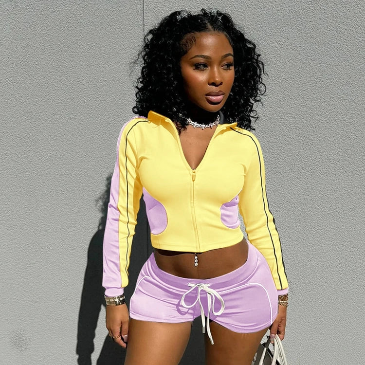 STYLISH LADY Contrast Color Sporty 2 Piece Set Women Long Sleeve Zipper Crop Top and Drawstring Short Suits 2025 Workout Outfits