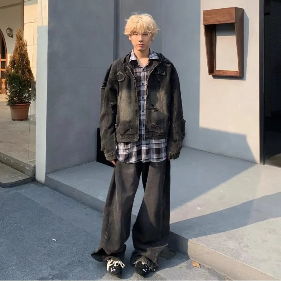 New Hooded Mens Denim Jacket 2024 American Retro High Street Loose Couple Tops Hip Hop Streetwear Trendy Washed Cowboy Coats