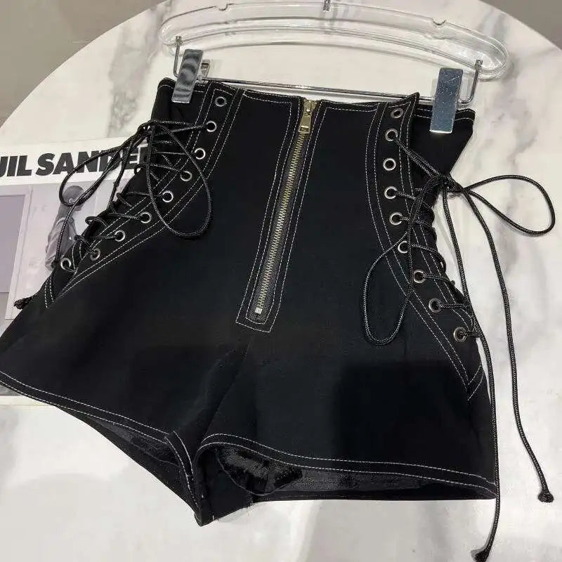 DEAT Women's Fashion High Waist Zipper Design Shorts Trendy Casual A-line Side Straps Short Pants Female Spring New 11A02658