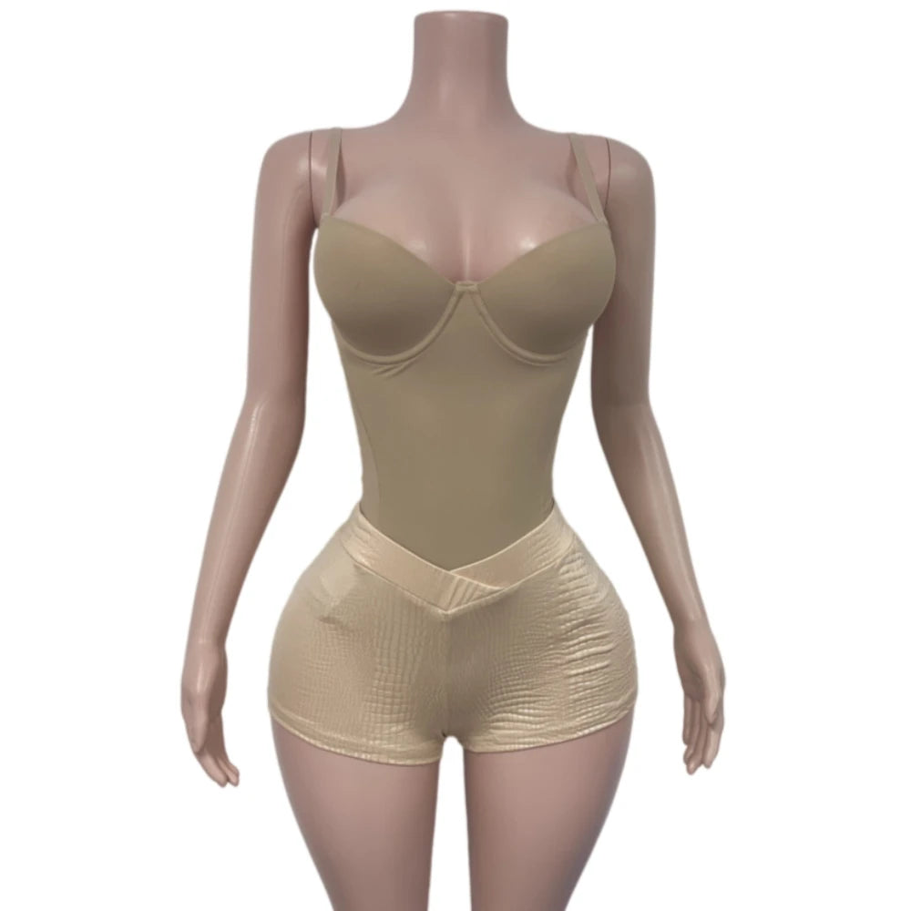 HLJ&GG Sexy Bodycon Spaghetti Strap Bodysuits Two Piece Sets Women V Neck Sleeveless Backless Top + Leather Snake Shorts Outfits