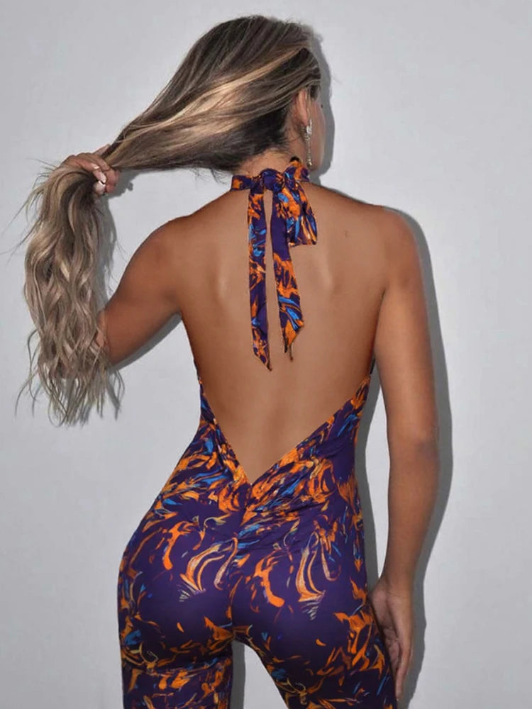 Weird Puss Backless Romper Women Halter Bandage Leopard Print Fit Tight Stretch Summer Sexy Hipster Activity Workout Playsuits