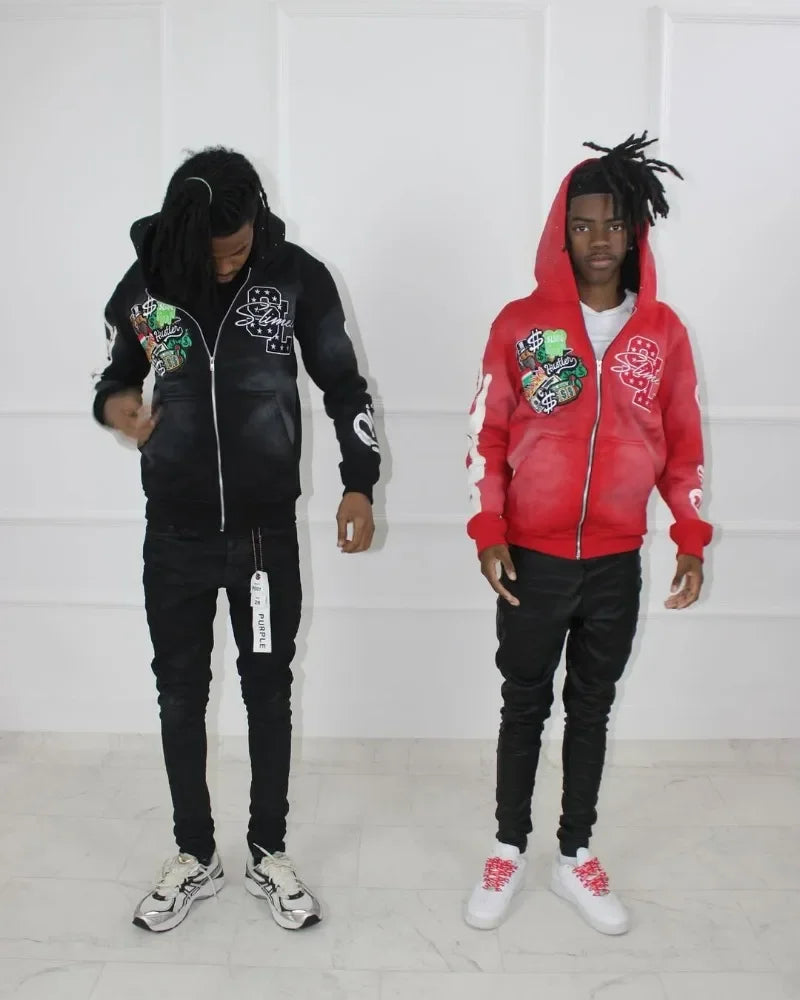 Harajuku Trend Brand Casual Loose Oversized Zipper Hoodie Men Y2k Gothic Retro Letter Flame Embroidered Sweatshirt Jacket Women