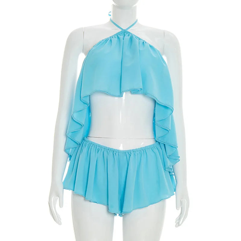 Sexy Halter Backless Women Two Piece Short Sets 2026 New Summer Vacation Beach Outfits Ruffles Crop Top and Micro Shorts Skirts