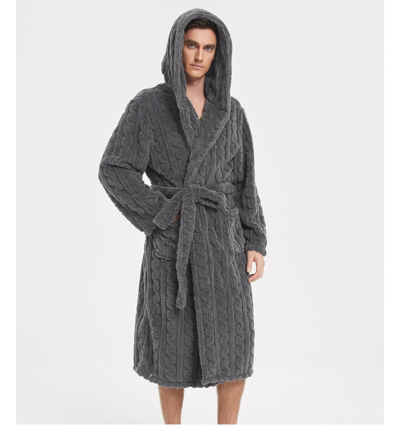 Warm Sleepwear Thicken Jacquard Flannel Men Robe Plush Coral Fleece Hooded Bathrobe Gown Winter Lounge Wear Home Wear Nightwear