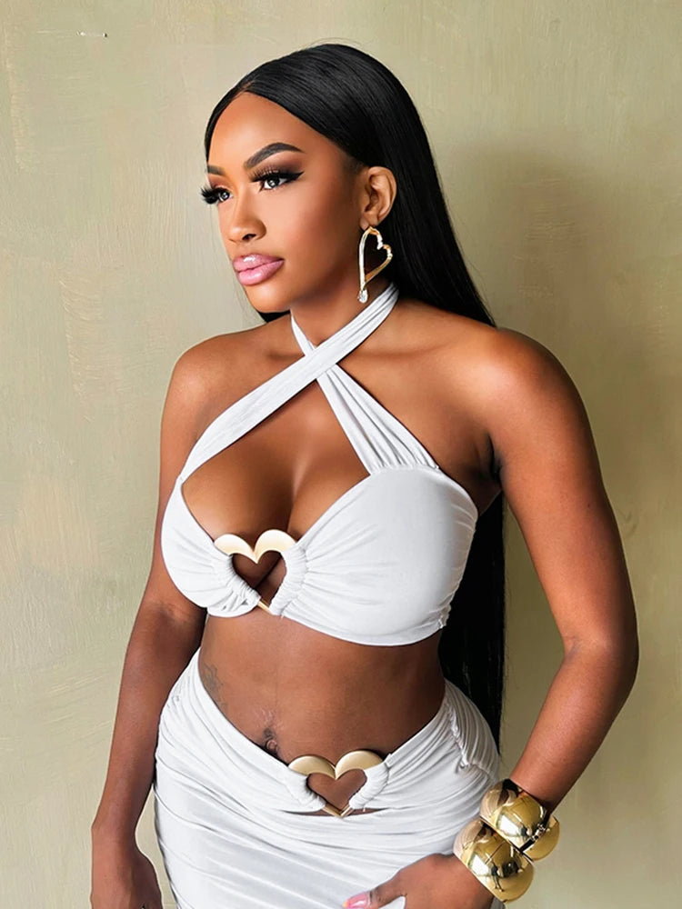 Weird Puss Love Rings Patchwork 2 Piece Set Cross Women Halter Crop Tops+Ruched Hollow Skirts Matching Hottie Street Trend Suits