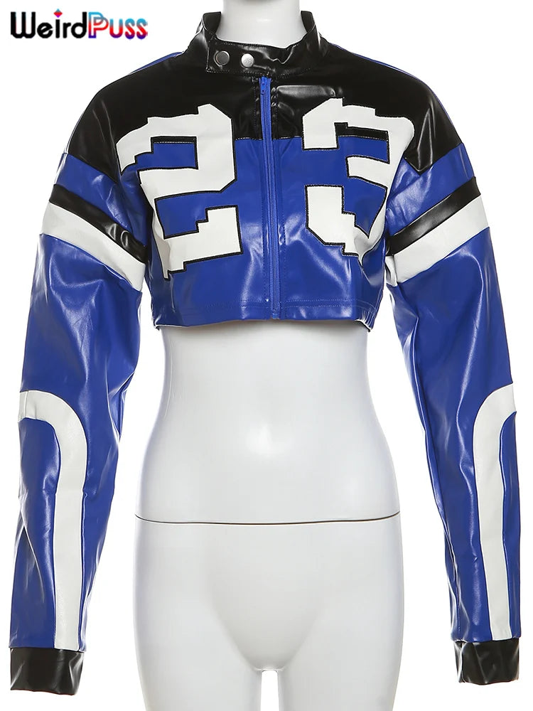 Weird Puss Faux Leather Varsity Jacket Women Hipster Letter Print Autumn Casual Sporty Wild Streetwear Uniform Trend Crop Coat