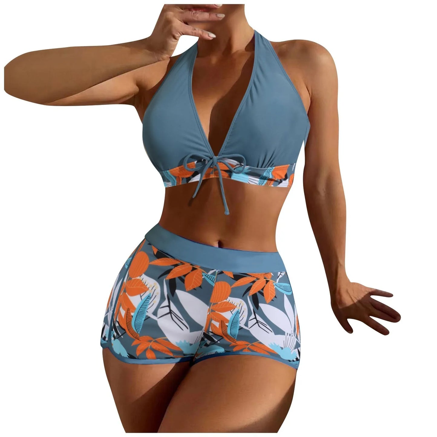 Shorts Bikinis Set  High Waist Swimsuit Women Swimwear  Plant Print Bathers Bathing Swim Suit Beachwear