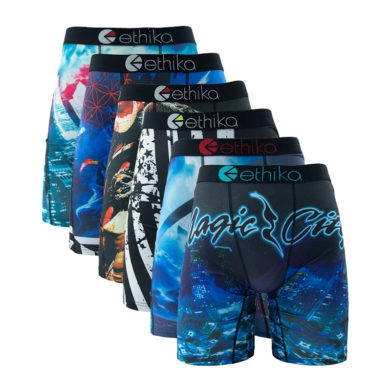 ETHIKA 6Pcs Men Underwear Boxers Breathable Man Swimming Underpants Plus Size Print Mens Panties Trunks Sexy Men's Boxershorts