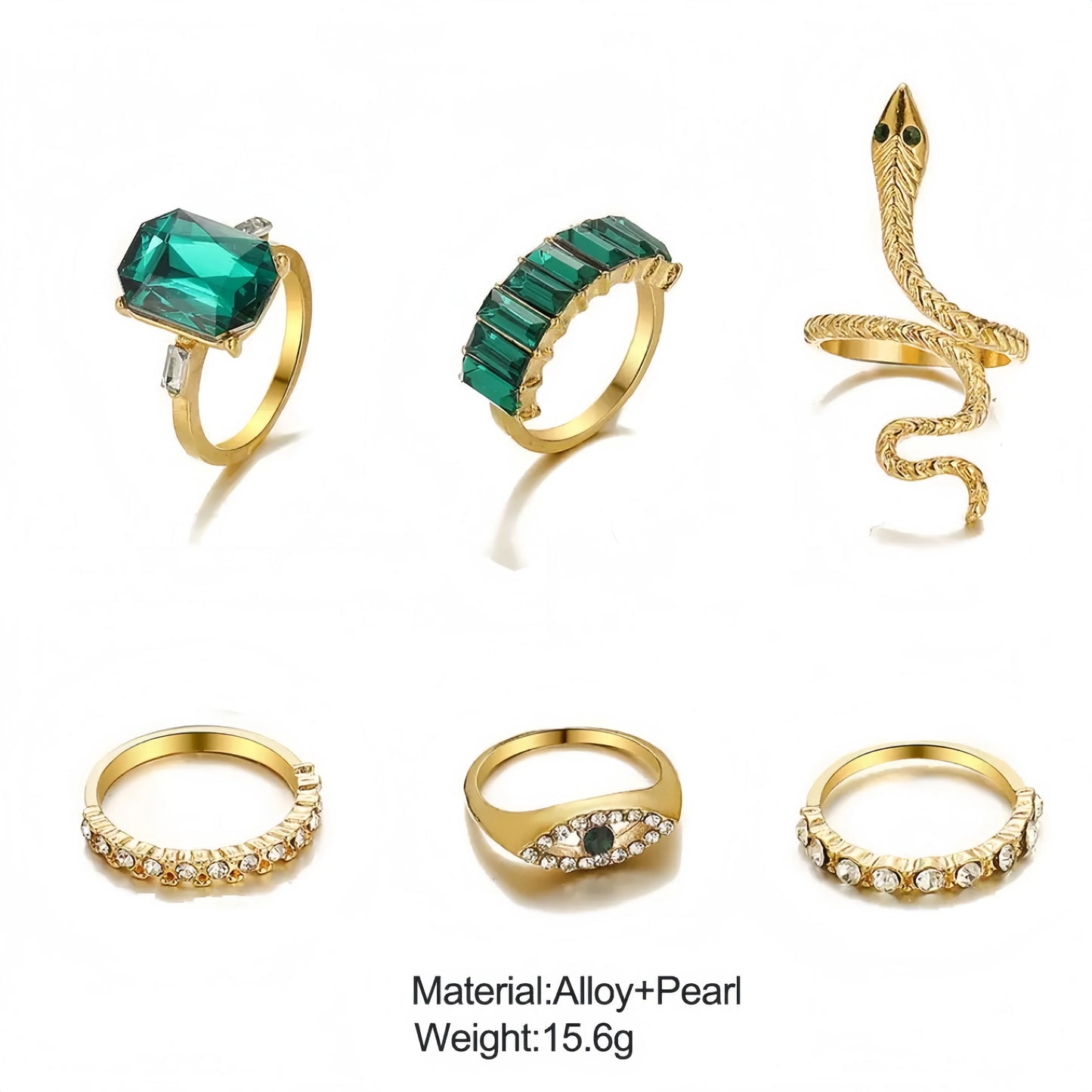 8PCSSet Of Fashionable And Retro Imitation Gemstone Snake-Shaped Twisted Rings For Women, Retro Wave Geometric Inlaid Rhinestone