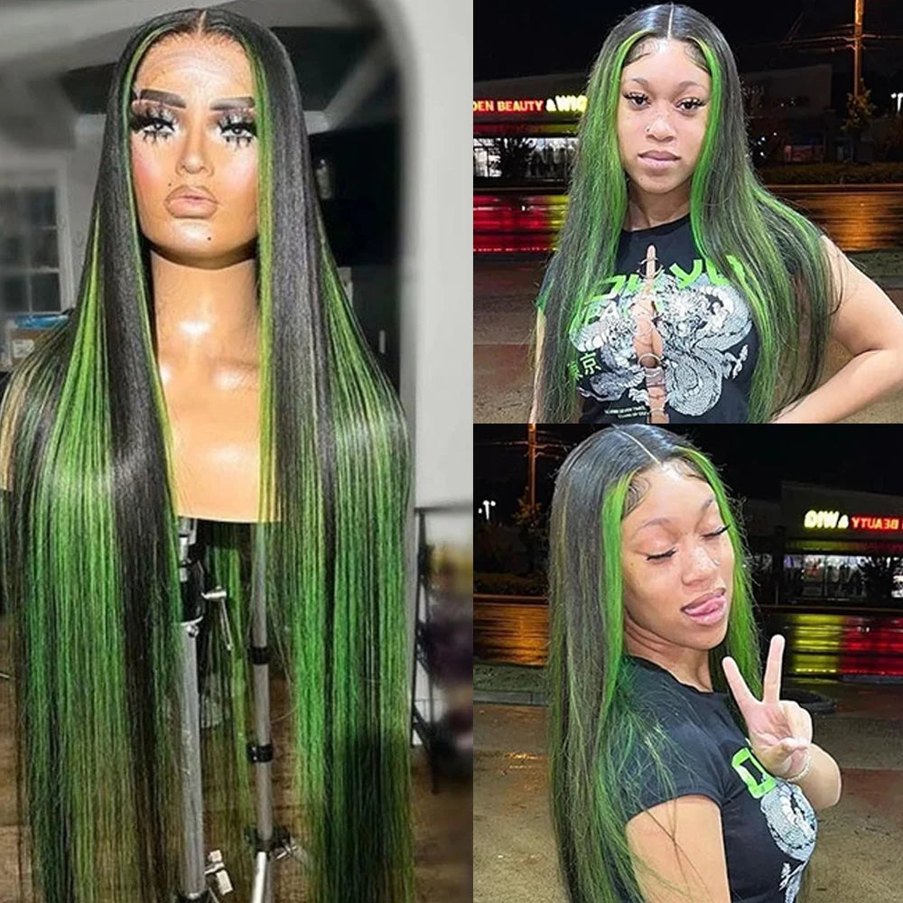 13x4 Ombre Black And Green Straight Lace Frontal Wigs Human Hair 13x6 1B/Green Lace Front Wig Human Hair Pre Plucked Wigs