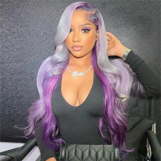 13X4 Lace Front Wig Ombre Purple With Silver Grey Body Wave Glueless Wig Human Hair 613 Lace Frontal Human Hair Wigs