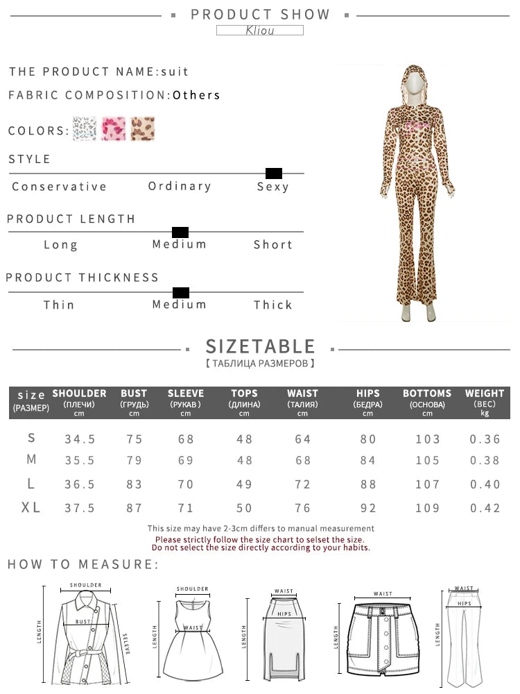 kliou Popular Leopard Women 2 Piece Set Trend Letter Print Hooded Long Sleeve Zip-up Tops+Matching Pants Female Trend Streetwear