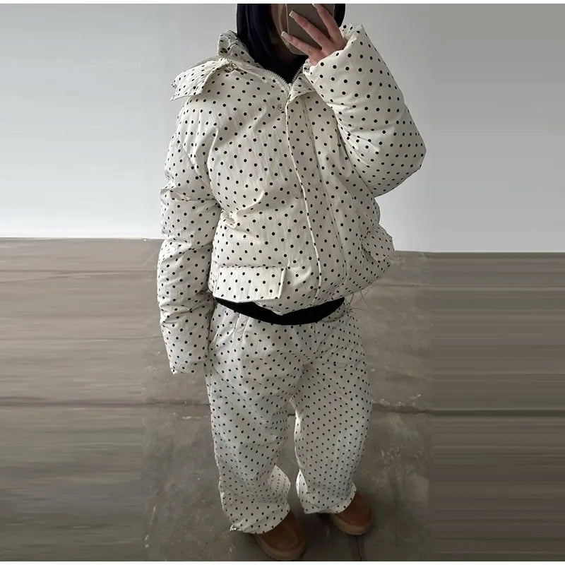 Women Leopard Print 2‑Piece Outfit Hooded Puffer Coat Wide Leg Pants Set Loose Warm Winter Street  Ladies Matching Outfit Suit