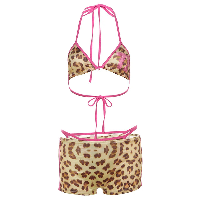 Weird Puss Leopard Print Sexy 3 Piece Set Women Beach Vacation Halter Bra+Panties+Shorts Summer Midnight Matching Party Clubwear