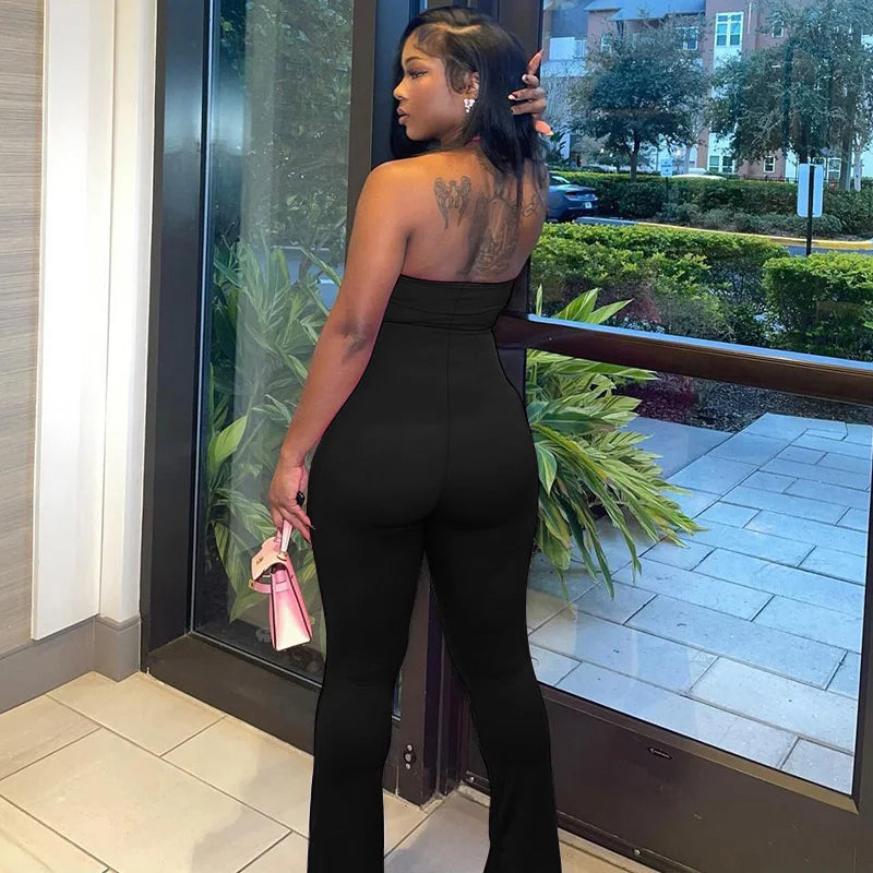 Hugcitar 2025 Spring Halter Solid Sleeveless Backless Sexy Bodycon Flare Pants Jumpsuit Women Casual Rompers Streetwear Festival