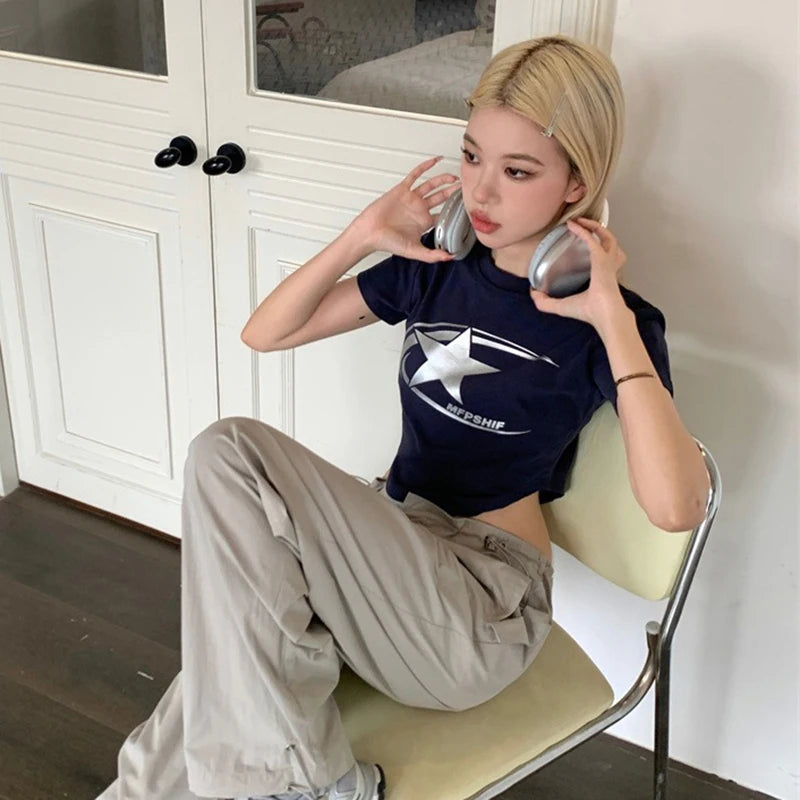 Women's Minimalist Star Print Y2K Gothic Harajuku Casual Pullover T-Shirt Retro Streetwear Top for Spring Summer