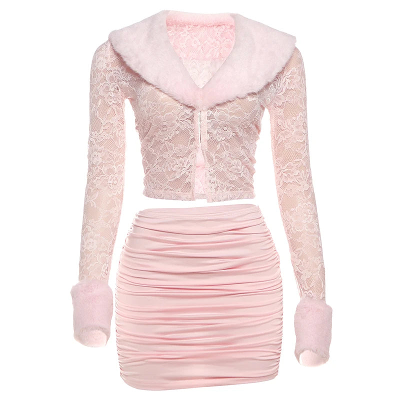 Weird Puss Furry Jacquard Patchwork 2-Piece Set Women Hook Buckle Crop Top+Stretch Ruched Peach Hip Skirt Sexy Skinny Outfits