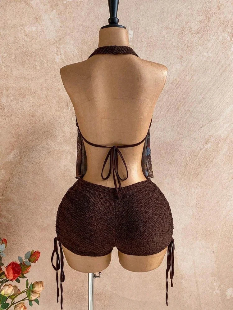 Pant Suit Halter V Neck Chiffon Spliced Floral Top Side Drawstring Shorts Matching Outfit For Women Beach Vacation Boho Retro Stylish Wear