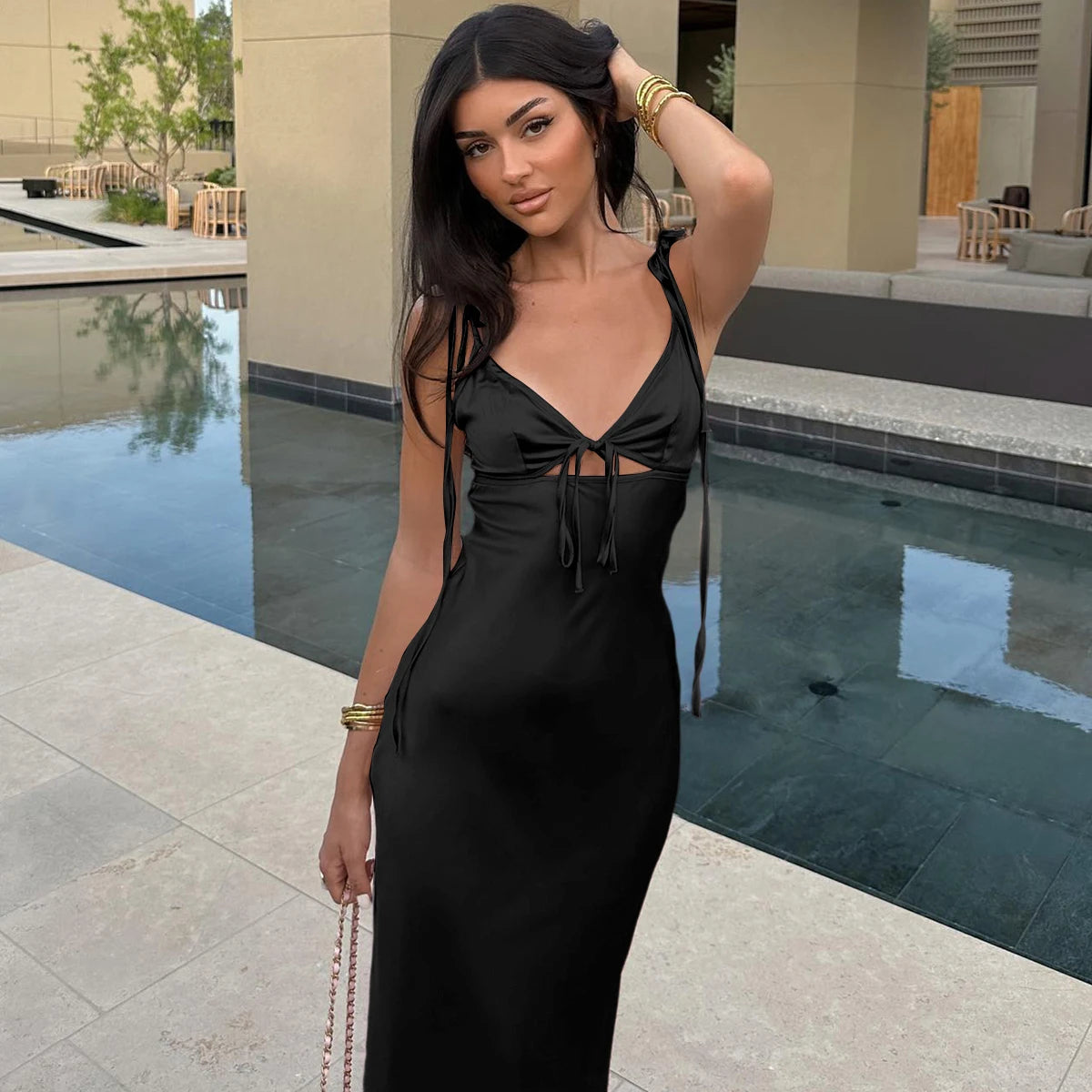 Dulzura Backless Lace Up Spaghetti Straps Cut Out Midi Dress Women Club Holiday Evening Party Dresses Y2K Clothes Drop Shipping