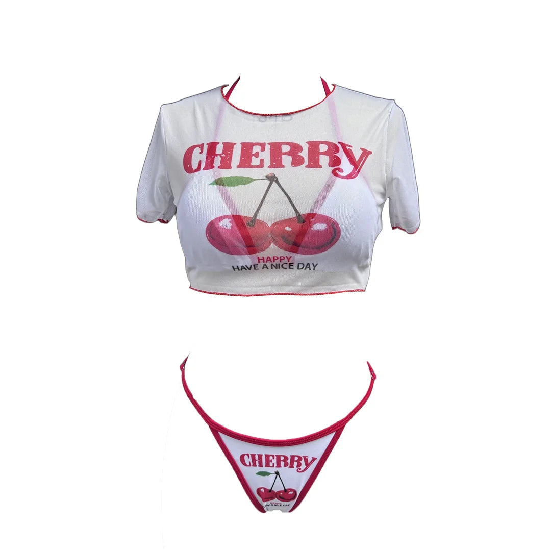 XS - L Cherry Printed Short Sleeve Bikini, Swimsuit,  Swimwear Three-pieces Bikini set Bather Bathing Suit Swim V6854