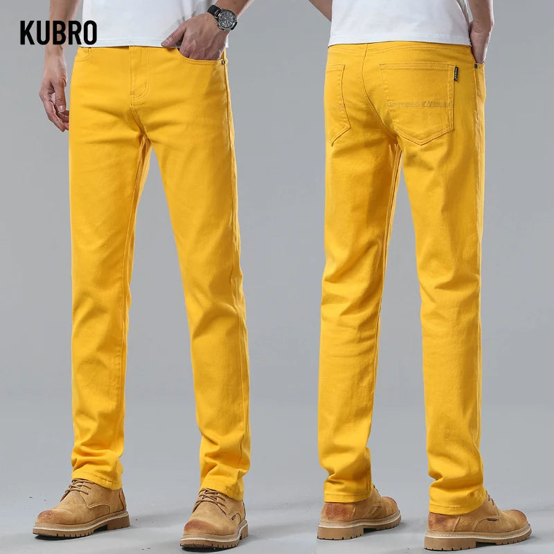 White Yellow Pink fashion 5 Color Men's Cotton Casual Pants Jeans Slim Straight Solid Color Business Trousers Four Seasons Brand