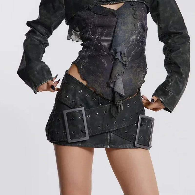 Y2K Sash Leather Mini Skirt — Women's High Waist A-Line