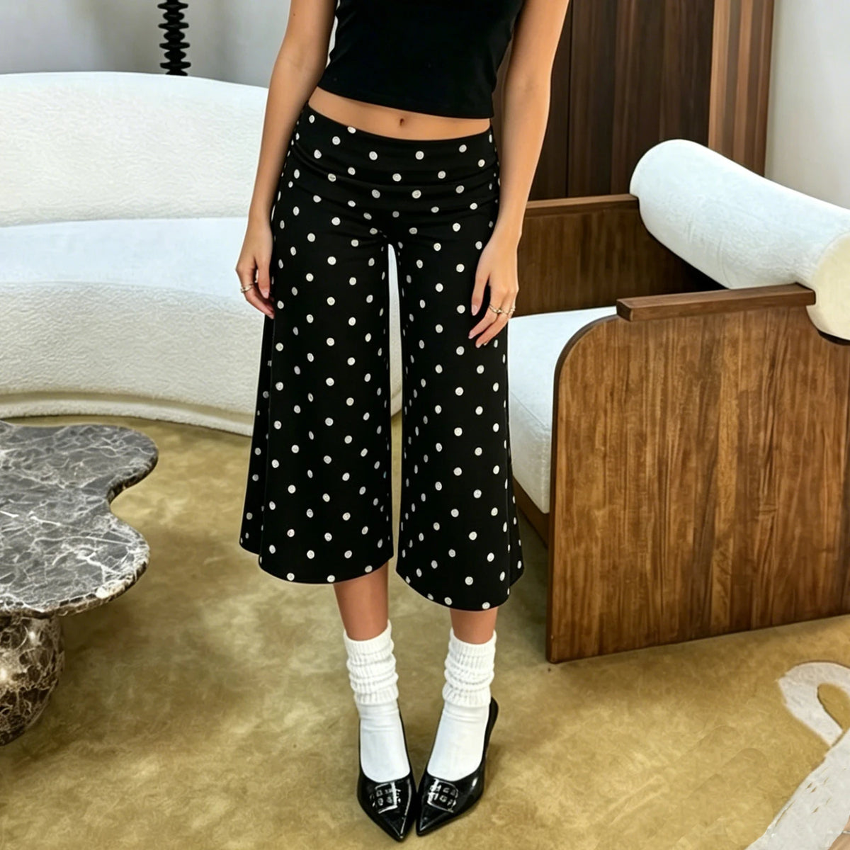 Capri Pants for Women Low Rise Fold Over Capri Yoga Pant Soft Comfy Flowy Wide Leg Capris Culottes Bottoms
