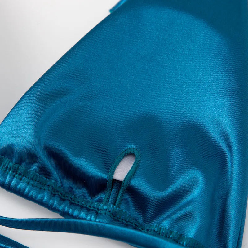 Halter Brazilian Metallic Satin Bikini  Swimwear, Swimsuit Two-pieces Bikini Set High Cut Bathing Suit Swim Beachwear