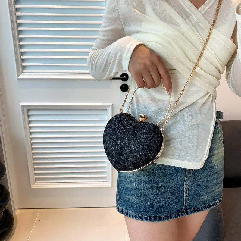 Evening Clutch Bag For Women Shiny Heart Shape Metal Clutch Chain Shoulder Purse