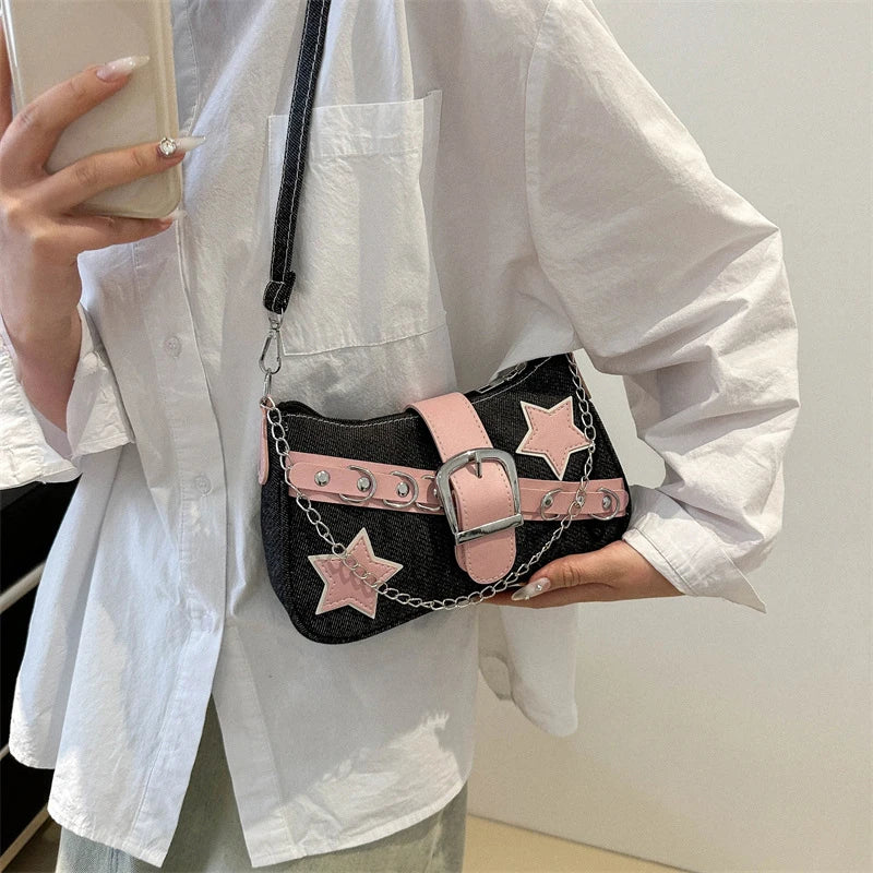 Fashion Women's Handbags jeans Stars Pattern Cool Girls Underarm Bag Female Small Shoulder Hobo Bags Chain Tote Bag