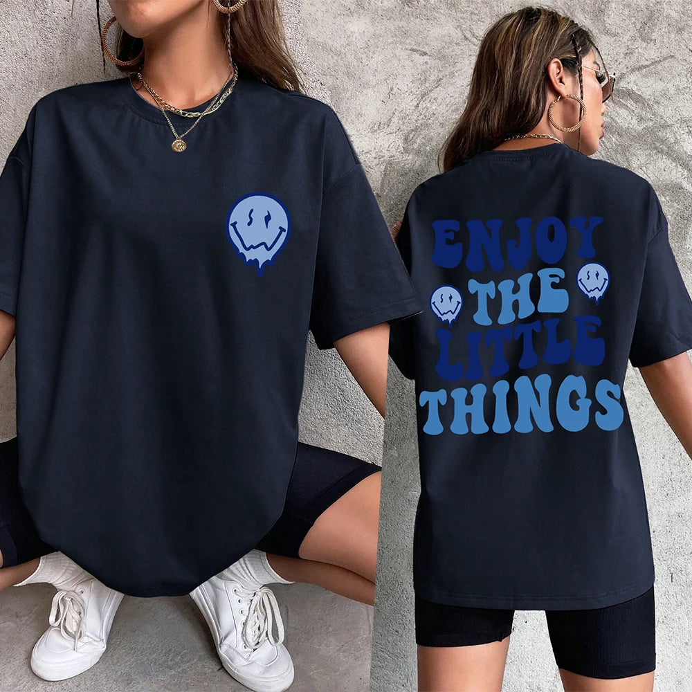 Enjoy The Little Things  Slogan Letter Printed Women T-Shirts Loose Oversized Clothing Personality Street Casual Short Sleeves