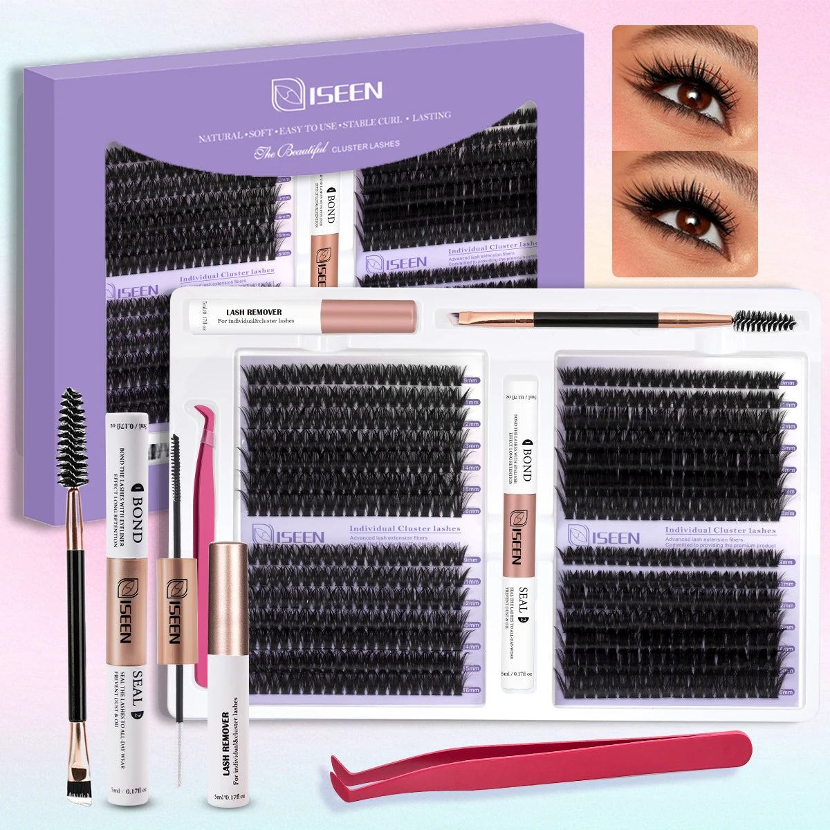 ISEEN DIY Eyelash Extension Kit Cluster Mix Eyelashes Full  Lashes Kit with Lash Bond & Seal and Eyelash Tweezers and Brush