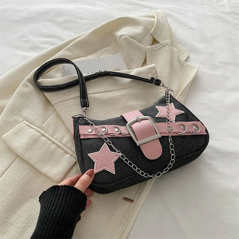 Fashion Women's Handbags jeans Stars Pattern Cool Girls Underarm Bag Female Small Shoulder Hobo Bags Chain Tote Bag