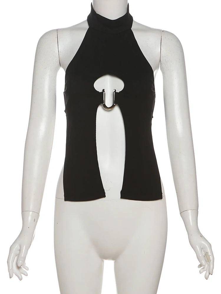 Weird Puss Metal Ring Tank Tops Women Y2K Chic Split Navel Backless Coquette Buttons Halter Sexy Hottie Midnight Wild Basic Vest