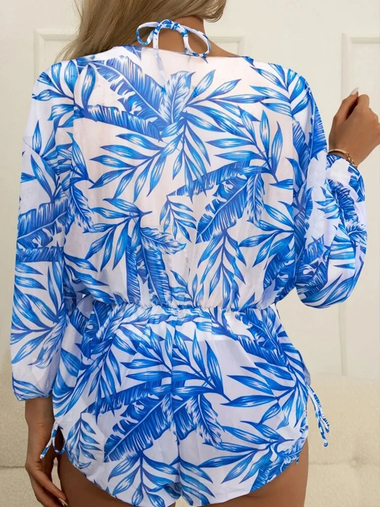 Sexy 3 Pieces Swimsuit Tropical Print Swimwear Halter Lace-Up Micro Bikini Set+Drawstring Bodysuit Cover Up Beachwear Tankinis