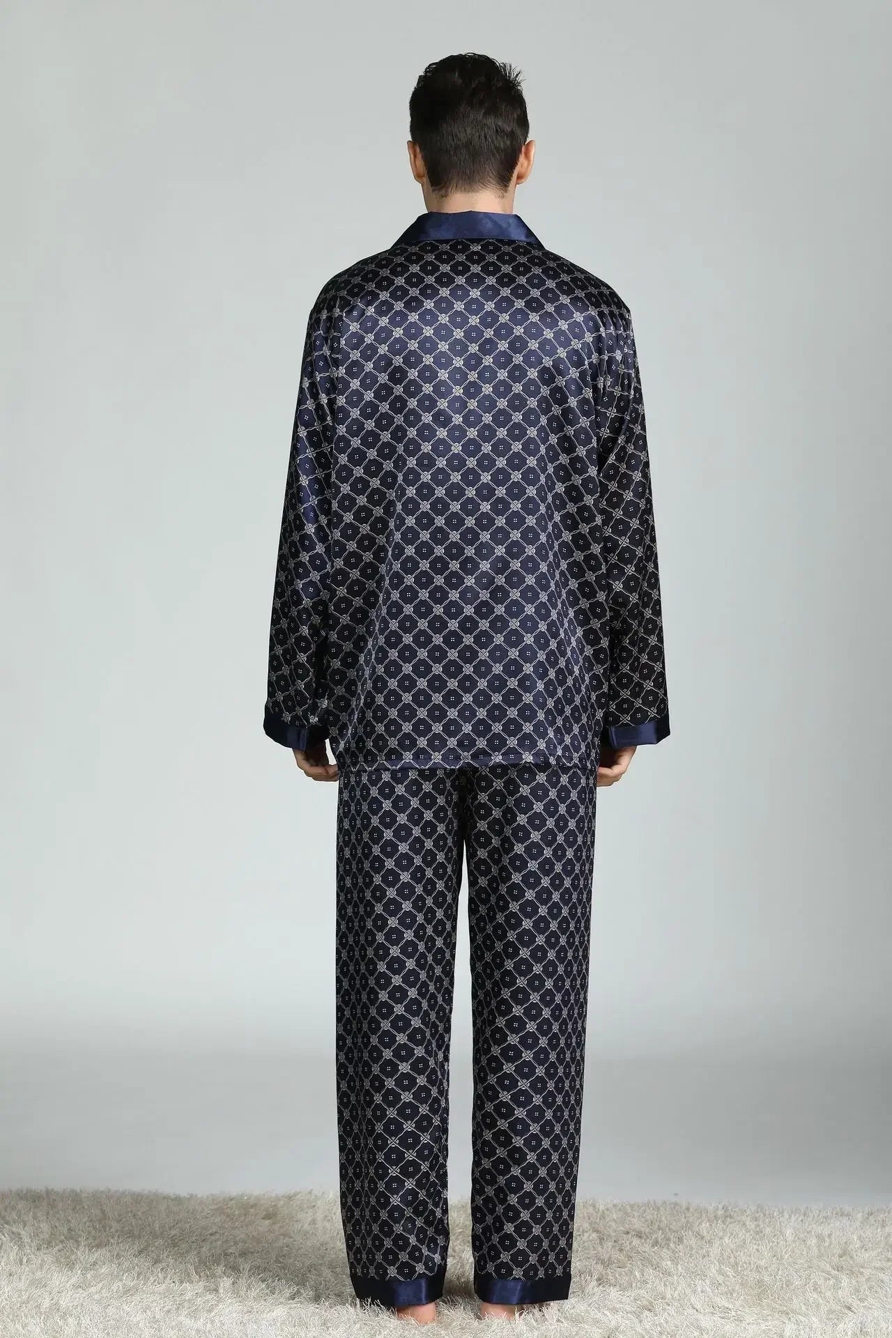 Silk Satin Pajamas for Men Sleepwear Cozy Soft Print Long Sleeve Nightgown Tops + Trousers Two Pieces Mens Pajama Set