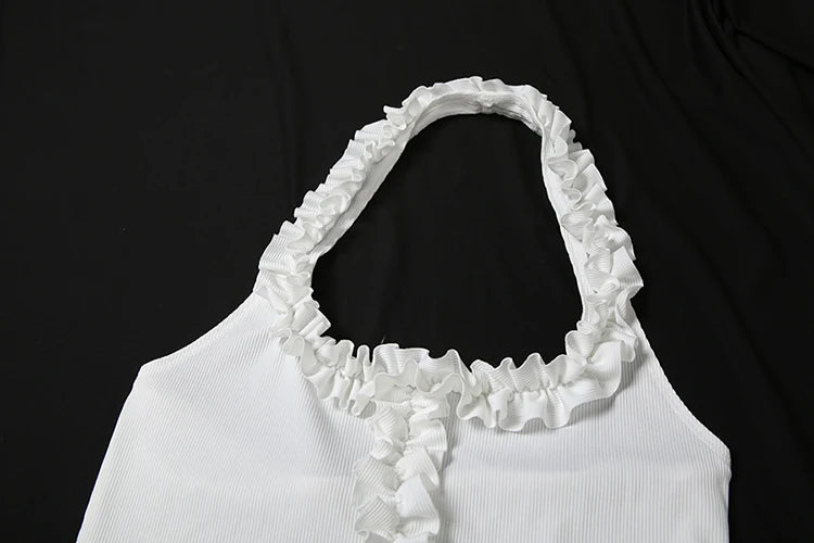 Weird Puss Ribbed Casual 2 Piece Set Women Ruffles Square Collar Backless Tank Tops+Skinny Shorts Versatile Style Trend Outfits