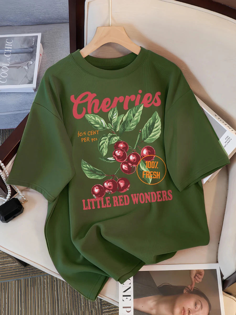 Cherries 100% Fresh Little Red Wonders Design Women T-Shirt Casual Loose T Shirts Hip Hop Cotton Sportswear Summer Soft Top