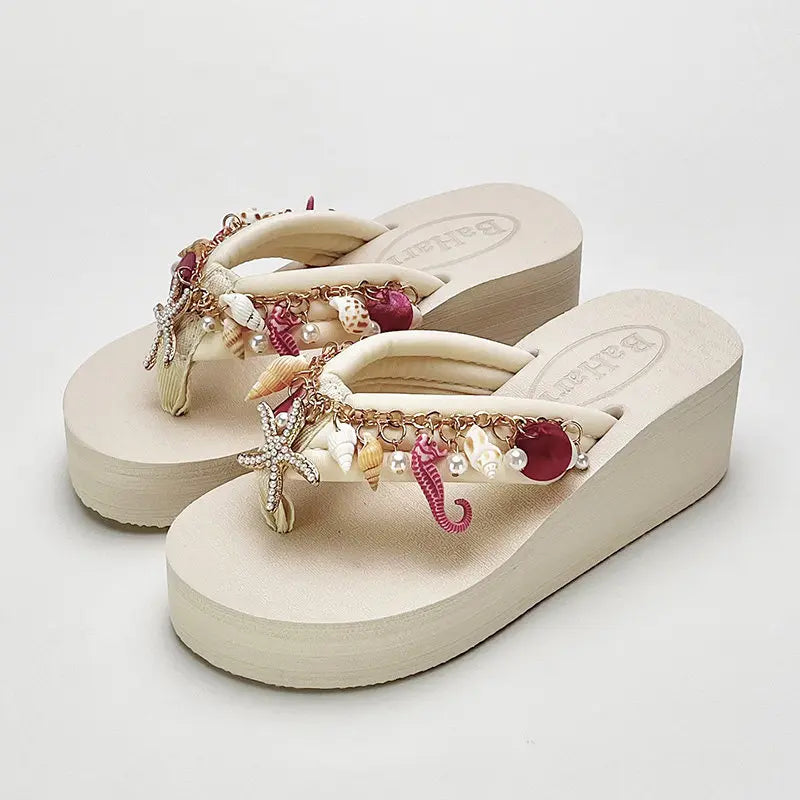 Bohemian High-heeled Flip-flops for Women Summer Vacation Platform Beach Slippers