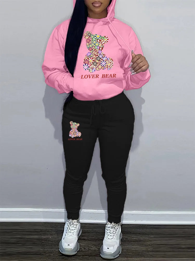 Women's Hoodies Sets Pants Suit 2 Piece Outfits 2025 New Letter Print Bear Aesthetics Sweatshirt and Sweatpants Womens Tracksuit