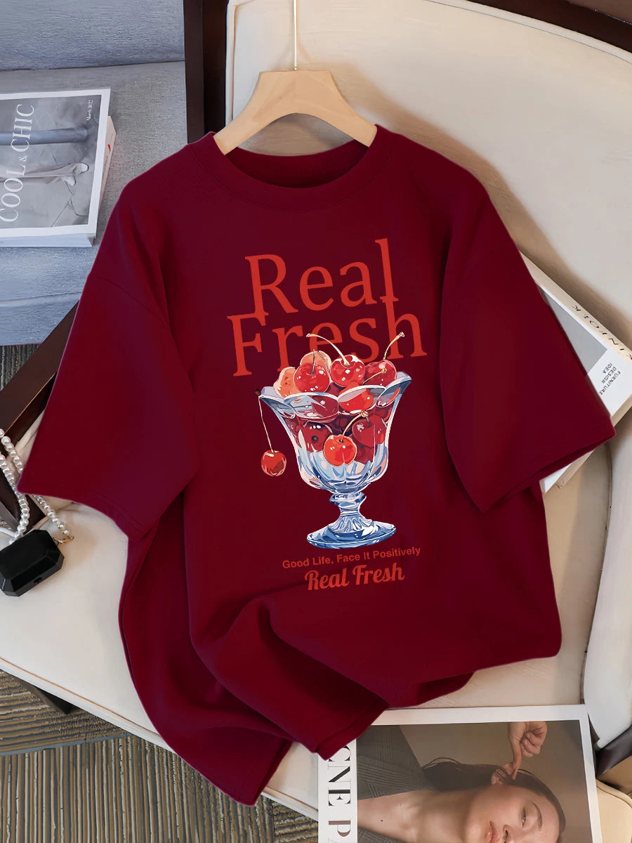 Real Fresh Cherry Fruit Cup Design Tee Shirts Female Comfortable Cotton T Shirt Fashion Casual Clothes Soft Street Short Sleeve