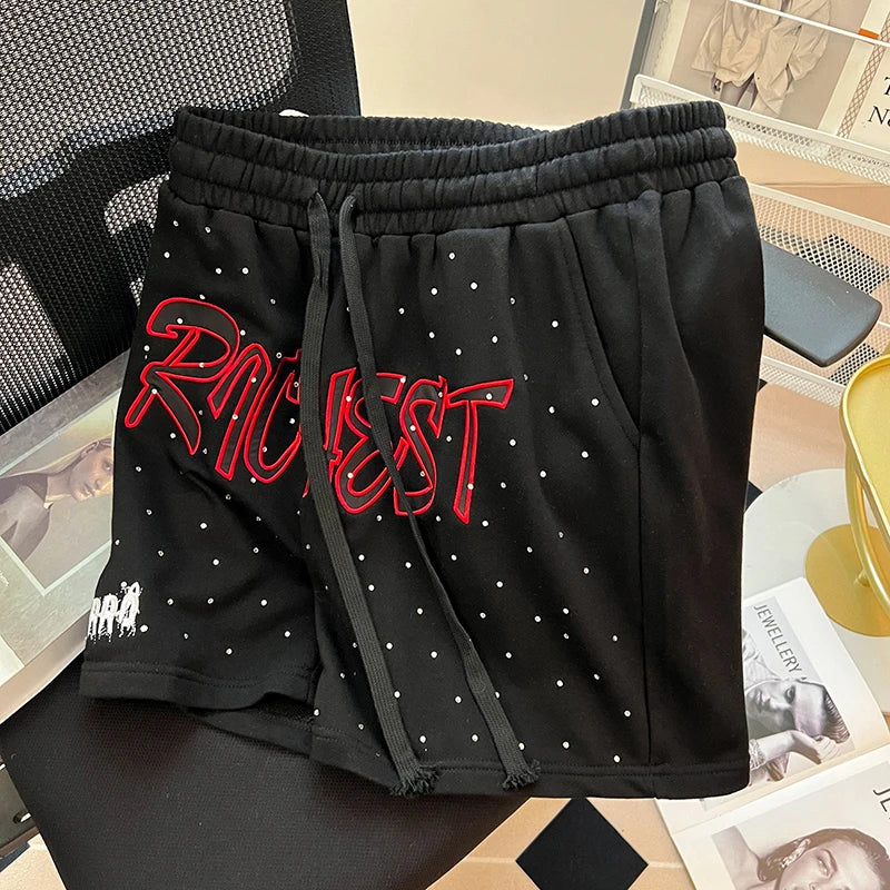 Diamond Patch Embroidered Letter Logo Casual Shorts Loose Drawstring Shortpants Jorts for Men Women