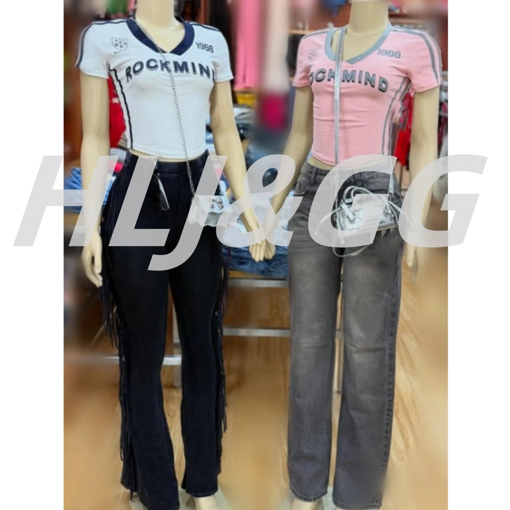HLJ&GG Y2K American Vintage Letter Print Two Piece Sets Women V Neck Short Sleeve Slim Crop Top And Tassels Skinny Pants Outfits