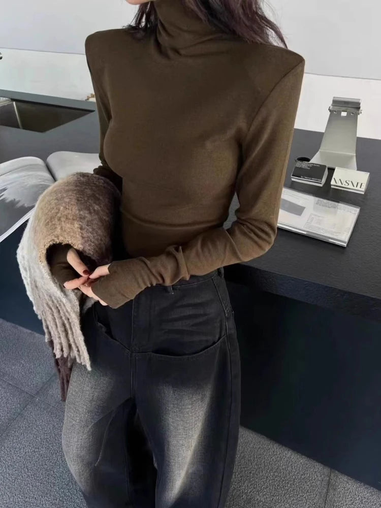 Women's High Neck Long Sleeve Top 2026 Spring New Korean Minimalist No Cuff Sleeve Design Structured Shoulder Slim Fit Knitwear