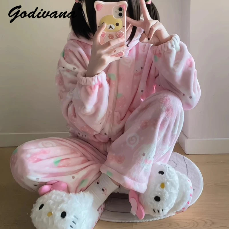 Japanese New Winter Sweet Cute Cartoon Rabbit Flannel Pajamas Set Daughter Girls Pink Thickened Loungewear Women's Sleepwear